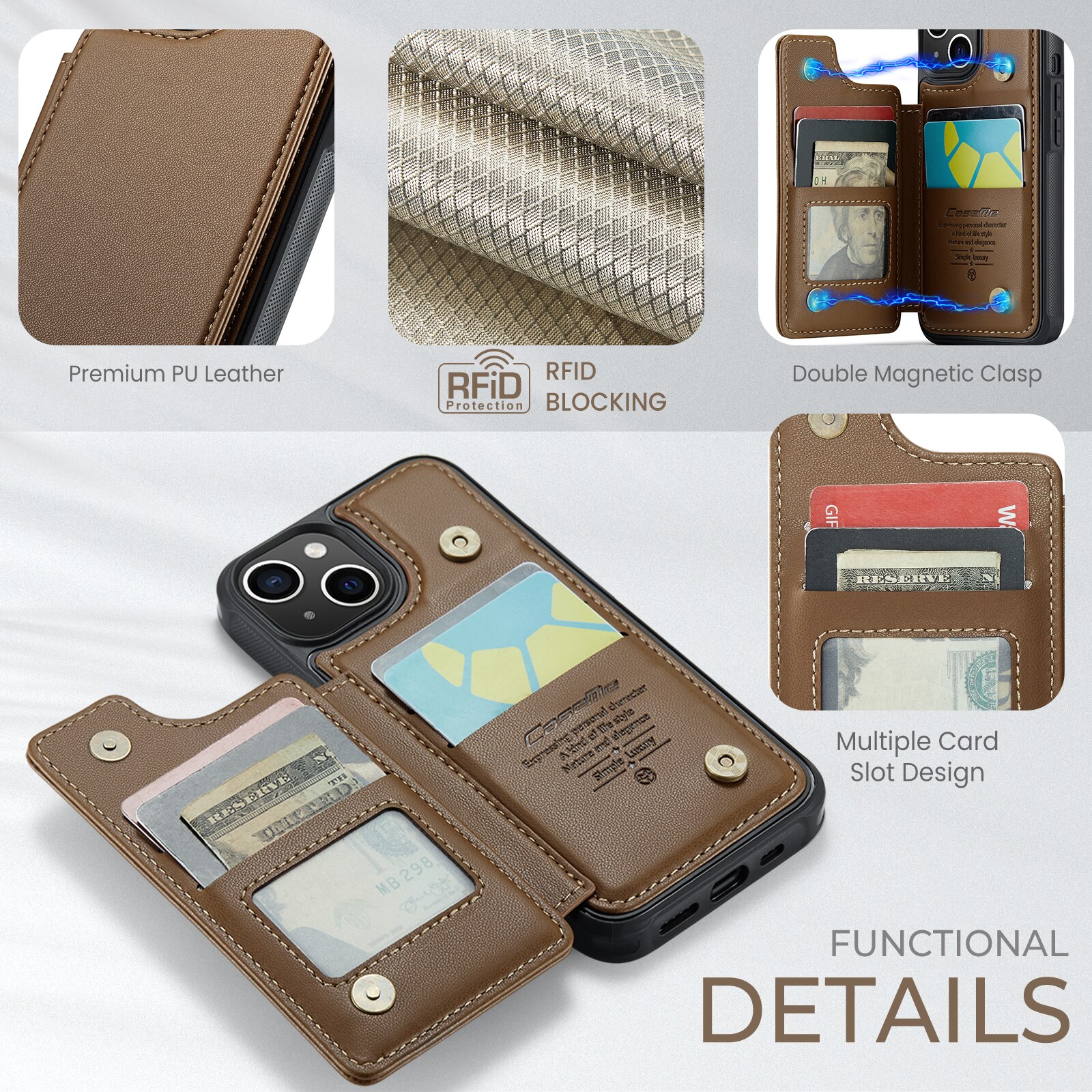 Coque porte-cartes anti-RFID iPhone 15, marron