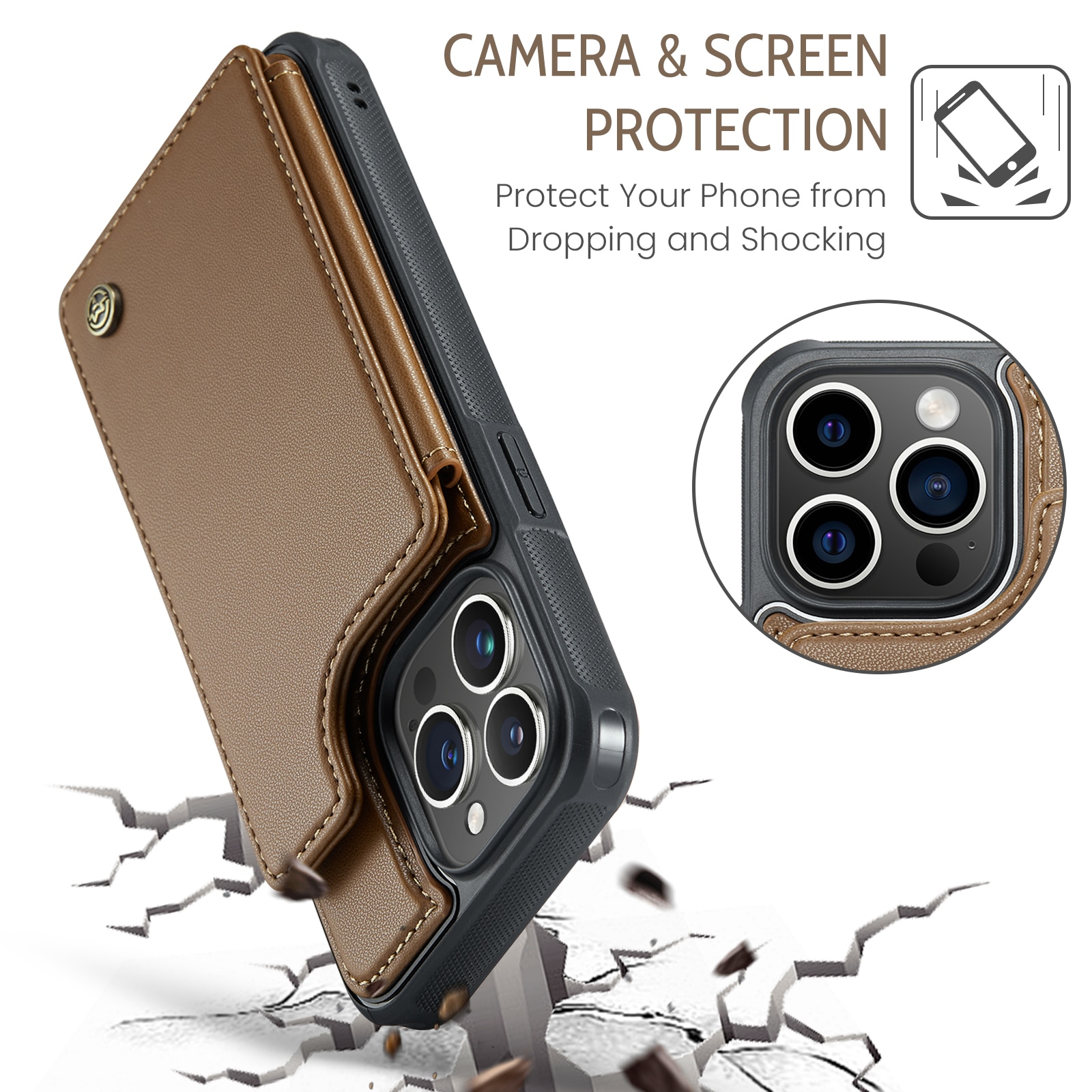 Coque porte-cartes anti-RFID iPhone 15 Pro, marron
