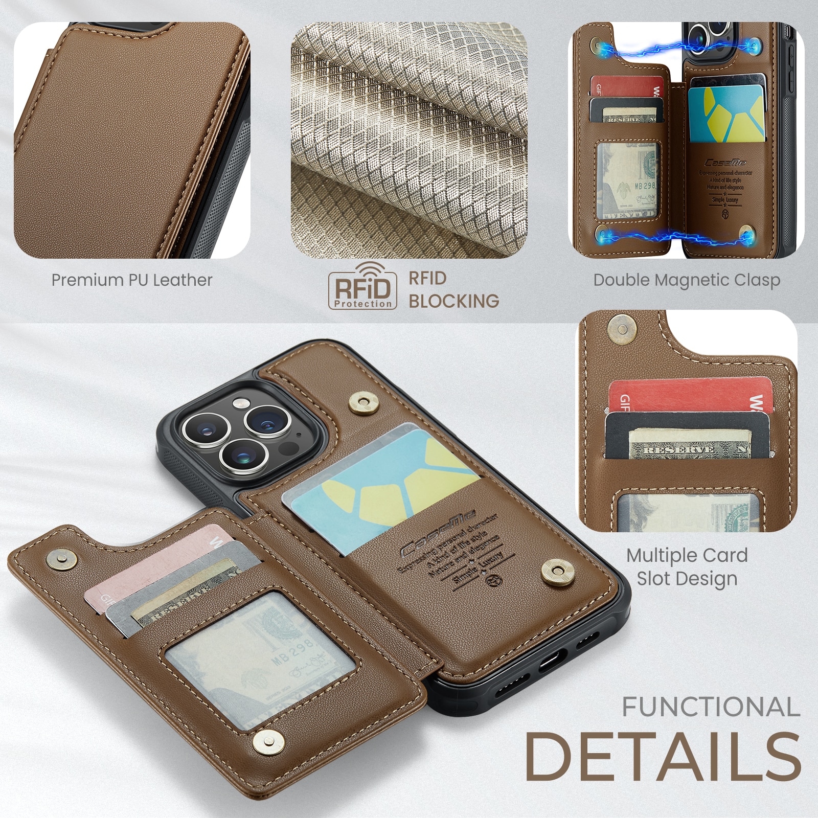 Coque porte-cartes anti-RFID iPhone 15 Pro, marron