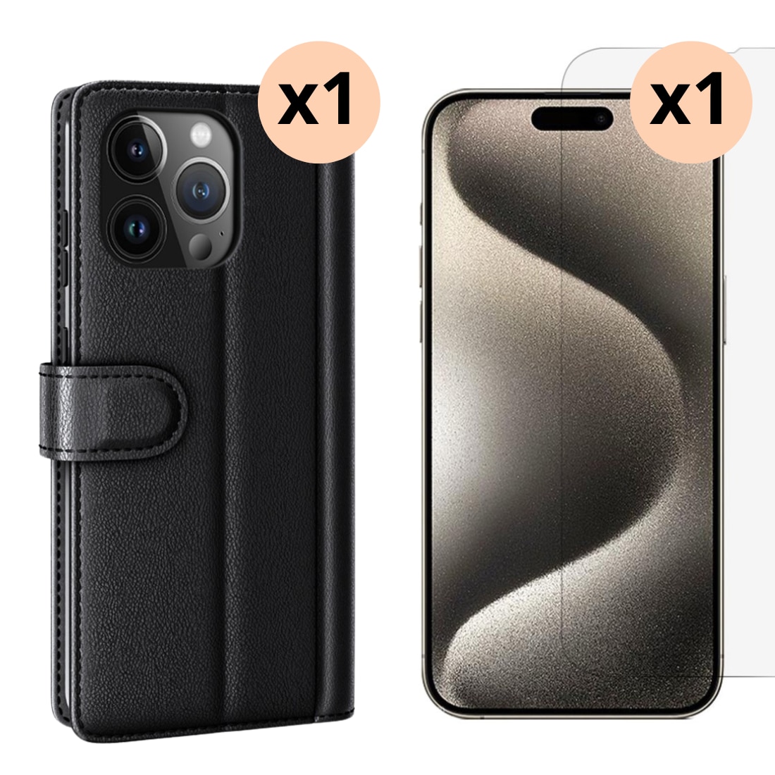 Kit pour iPhone 15 Pro : Coque portefeuille et protecteur d’écran