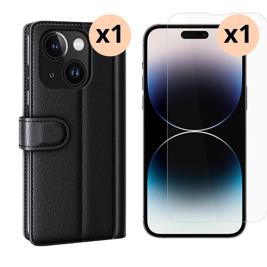 Kit pour iPhone 15 : Coque portefeuille et protecteur d’écran