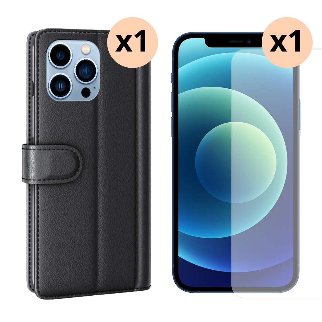 Kit pour iPhone 14 Pro : Coque portefeuille et protecteur d’écran