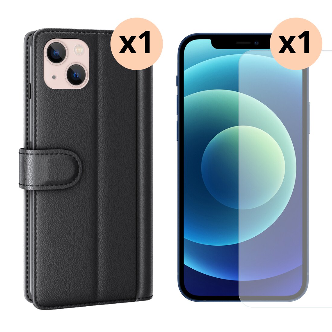 Kit pour iPhone 14 : Coque portefeuille et protecteur d’écran