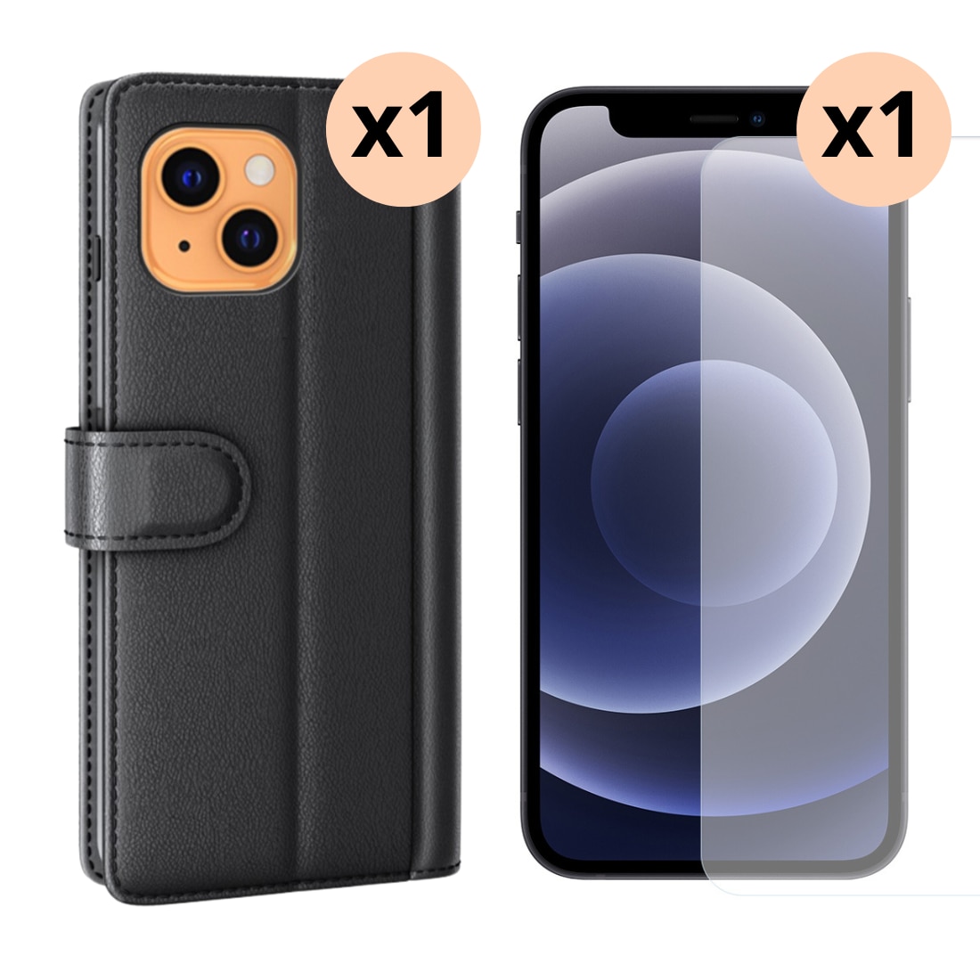 Kit pour iPhone 13 : Coque portefeuille et protecteur d’écran