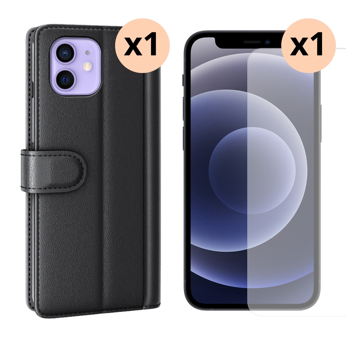 Kit pour iPhone 12/12 Pro : Coque portefeuille et protecteur d’écran