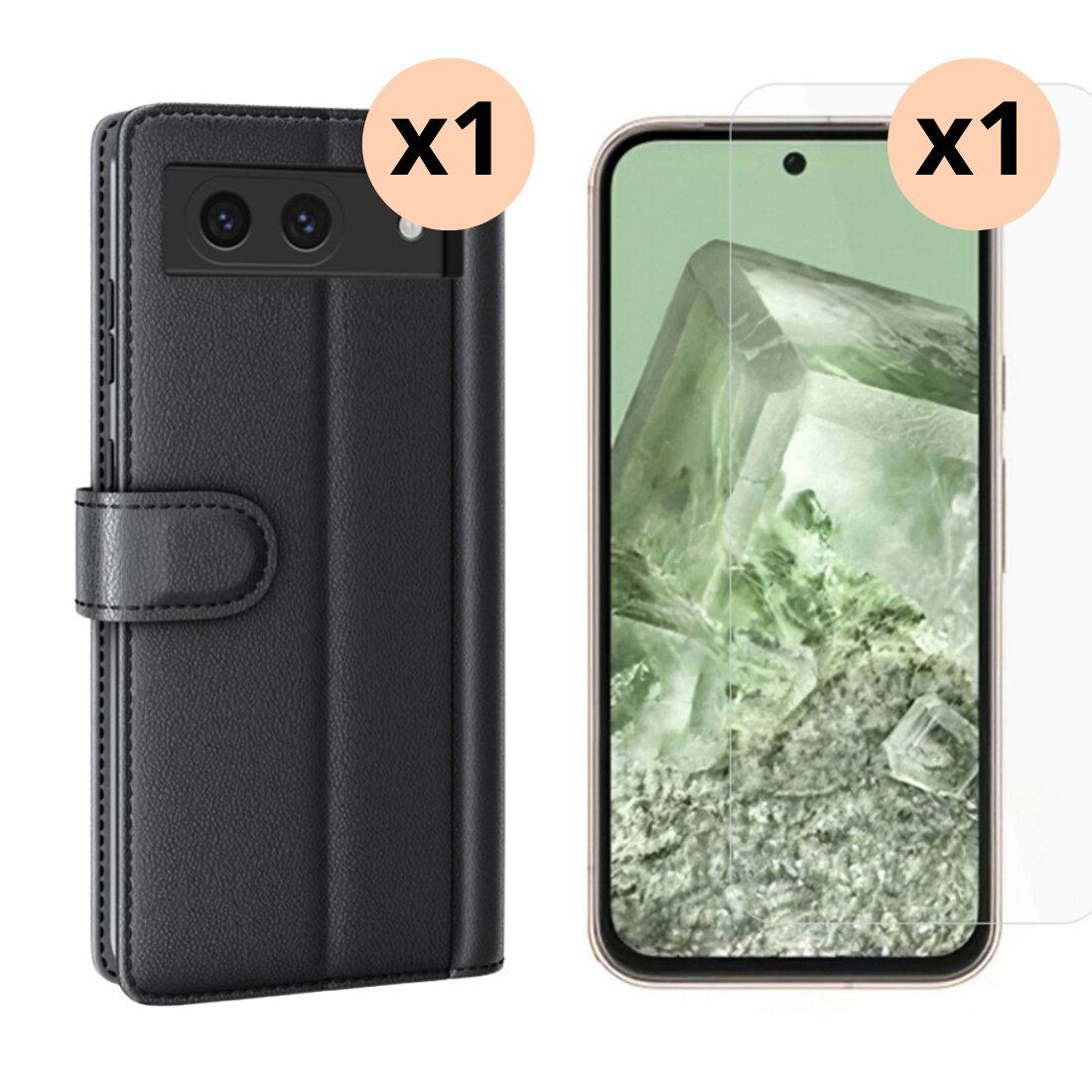 Kit pour Google Pixel 8a : Coque portefeuille et protecteur d’écran