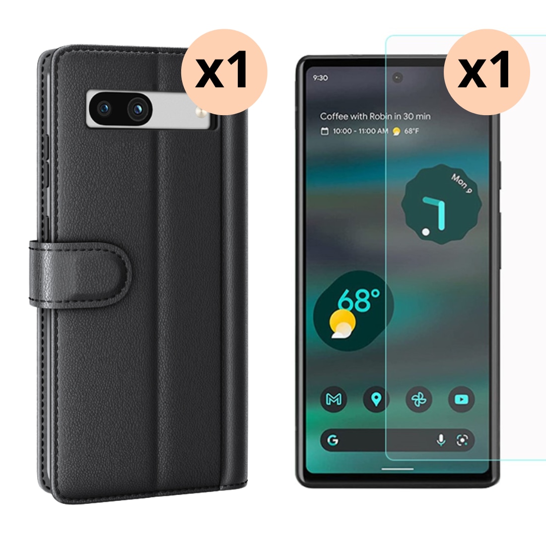 Kit pour Google Pixel 7a : Coque portefeuille et protecteur d’écran