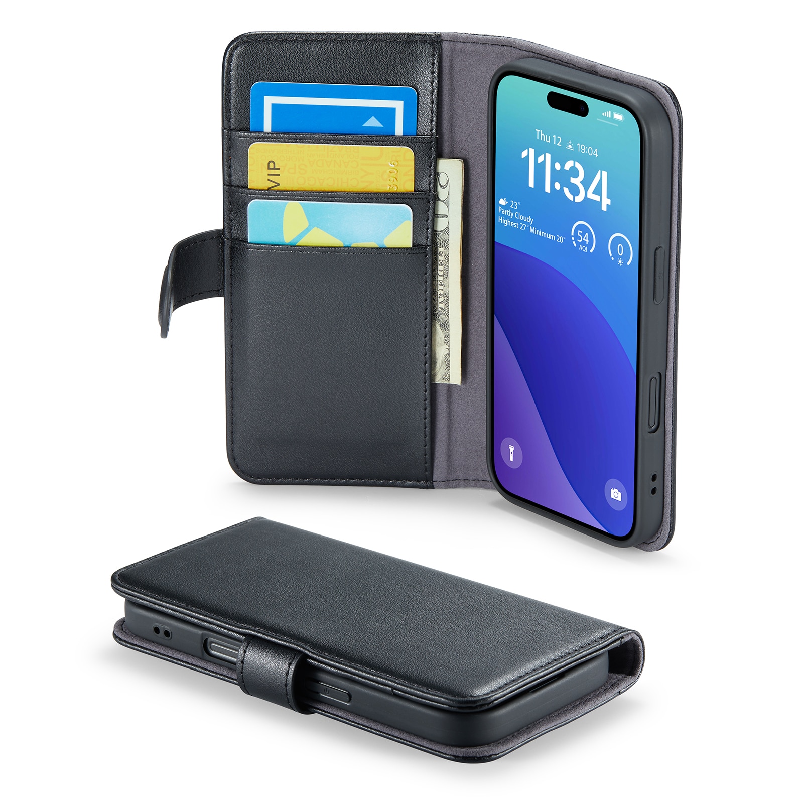 Étui en cuir veritable iPhone 16 Pro, Noir