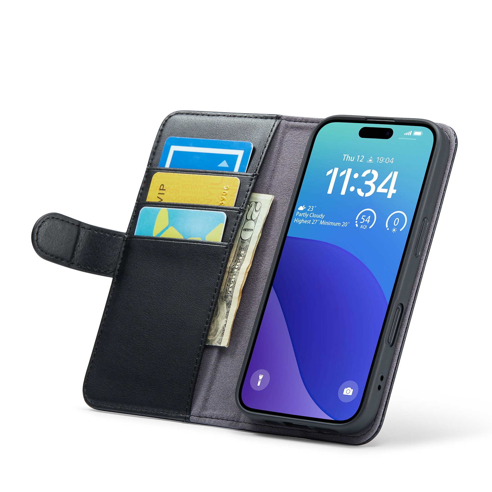 Étui en cuir veritable iPhone 16 Pro, Noir