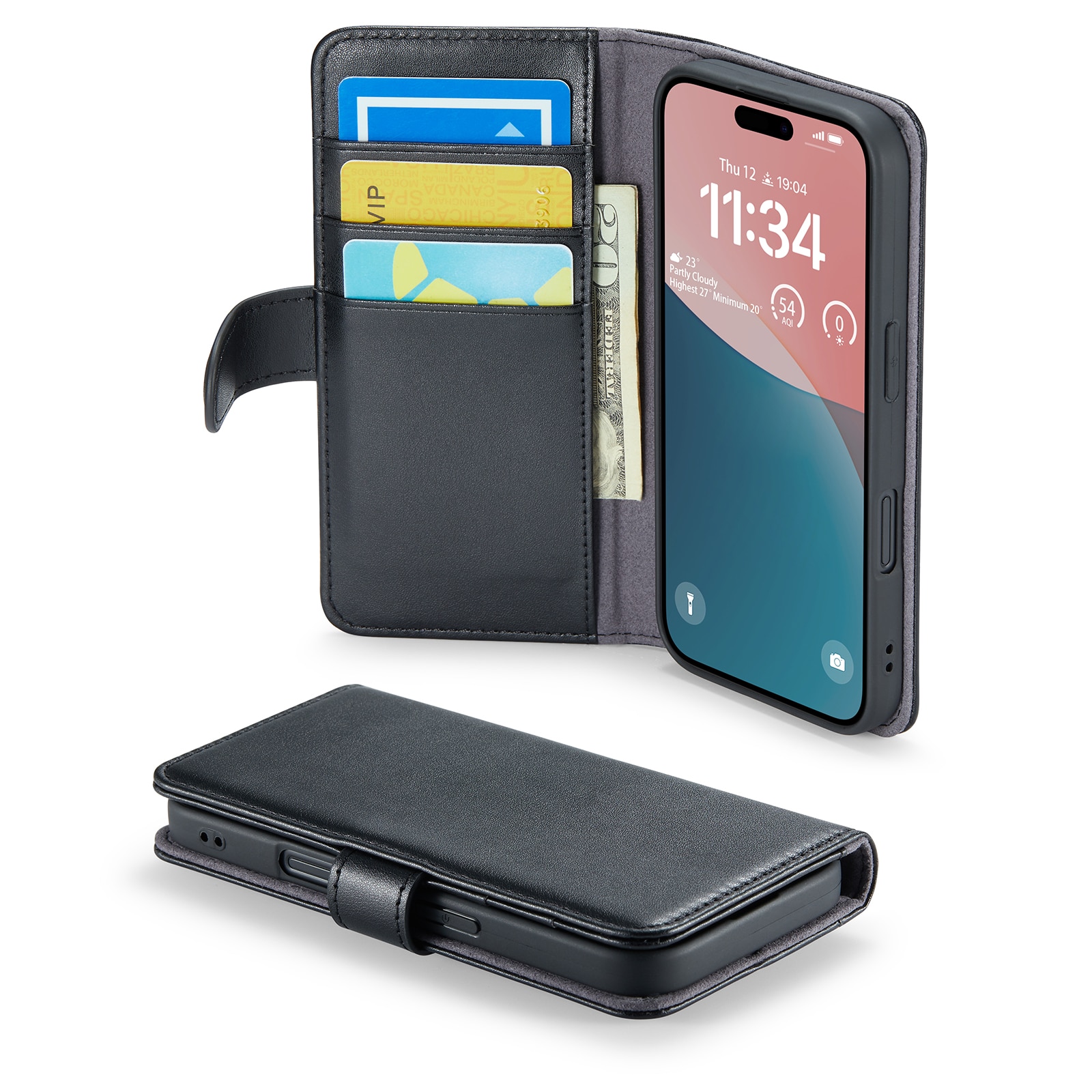 Étui en cuir veritable iPhone 16 Plus, Noir