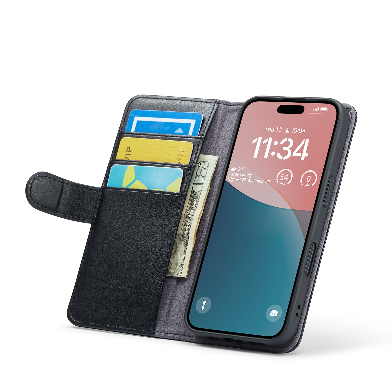 Étui en cuir veritable iPhone 16 Plus, Noir