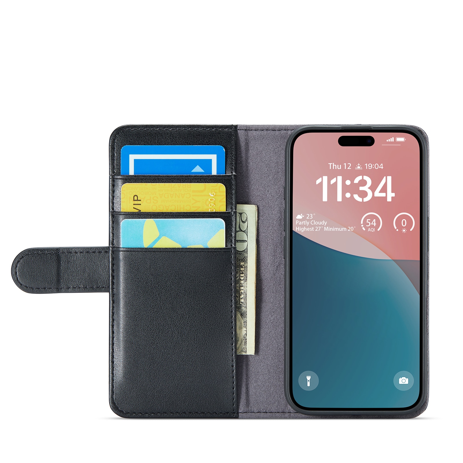 Étui en cuir veritable iPhone 16 Plus, Noir