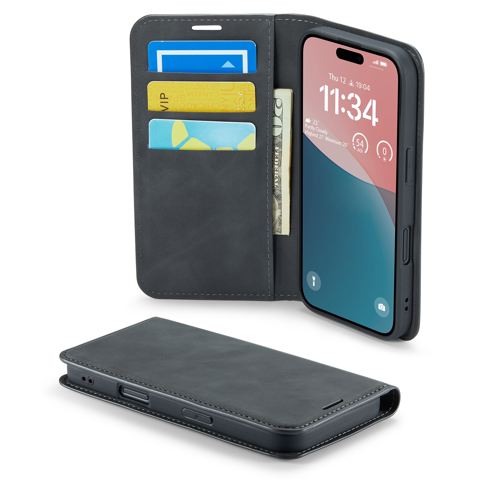 Coque portefeuille mince iPhone 16 Plus, Noir