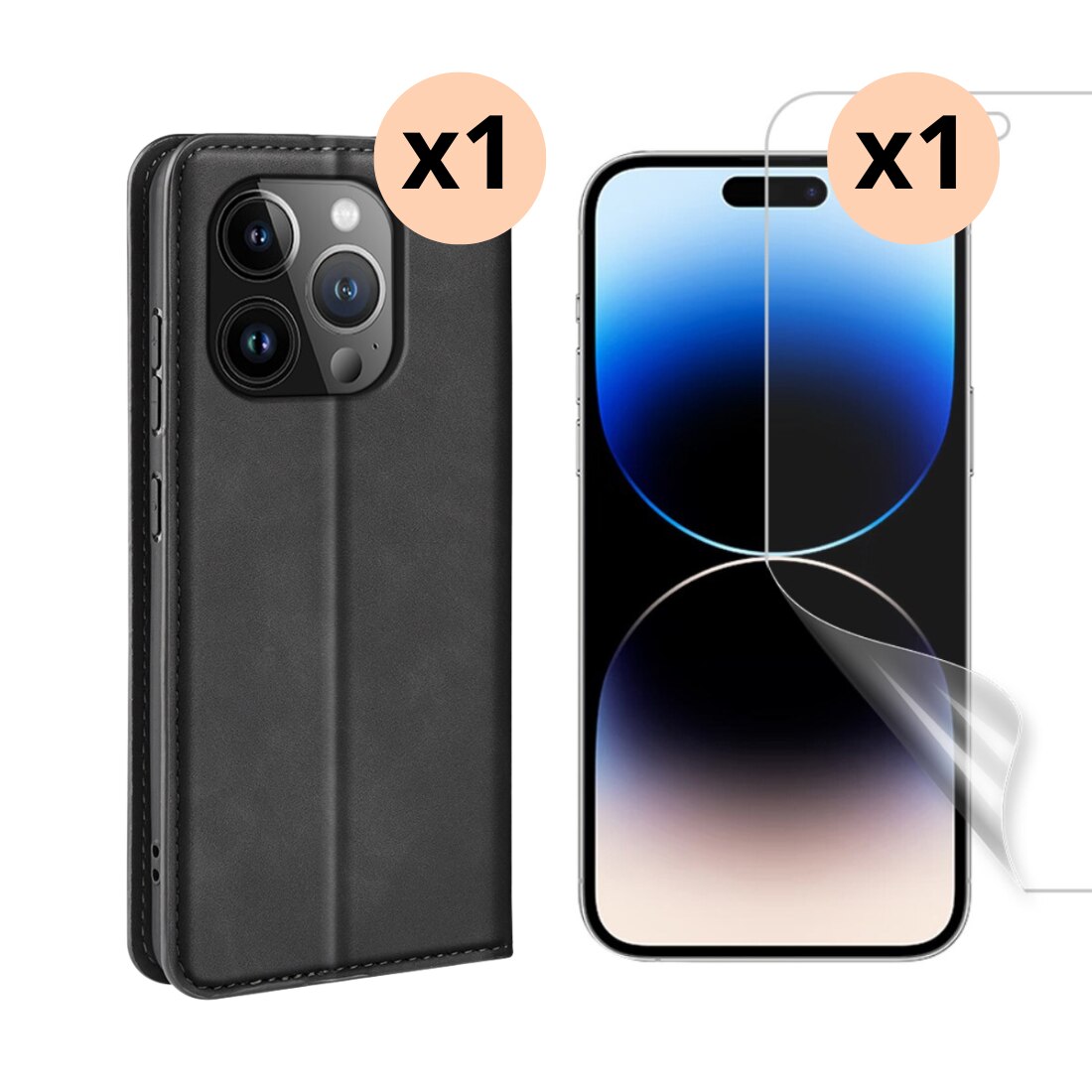 Kit pour iPhone 15 Pro : Coque portefeuille Fine et protecteur d’écran