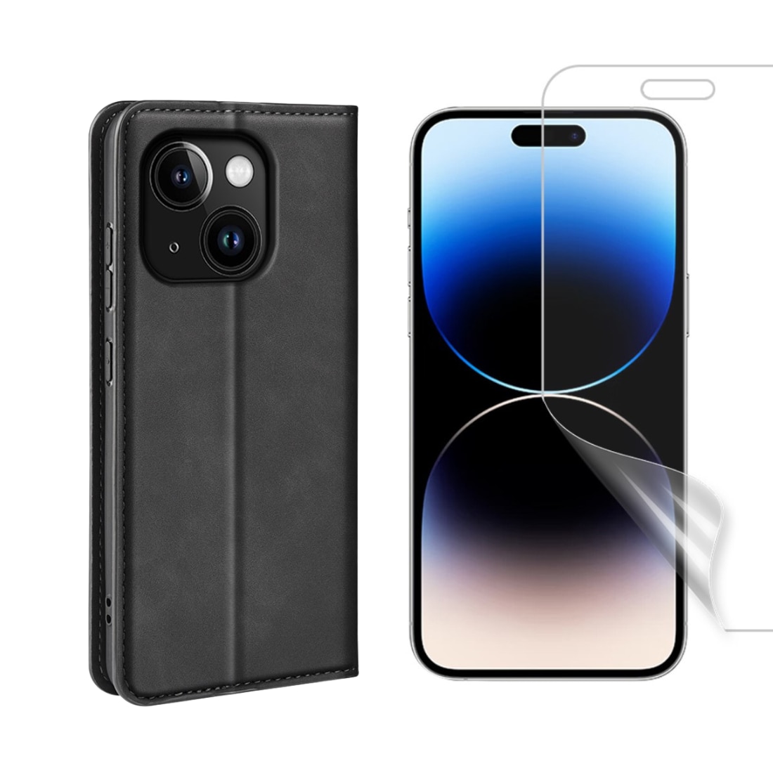 Kit pour iPhone 15 : Coque portefeuille Fine et protecteur d’écran