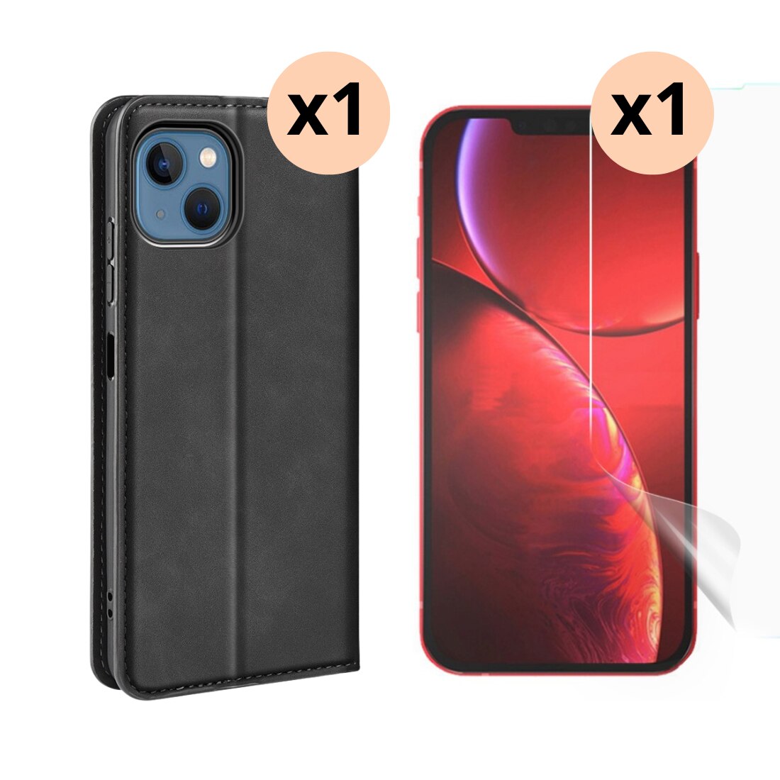 Kit pour iPhone 14 : Coque portefeuille Fine et protecteur d’écran