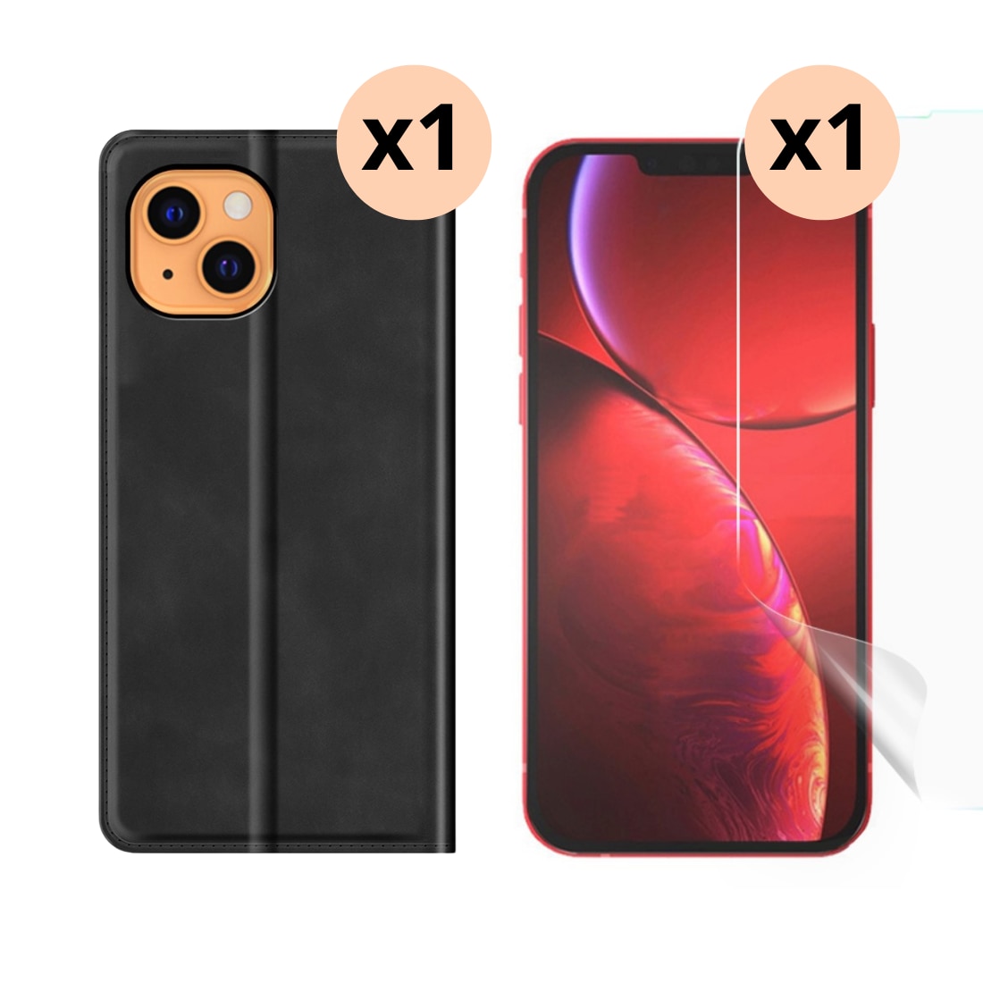 Kit pour iPhone 13 : Coque portefeuille Fine et protecteur d’écran