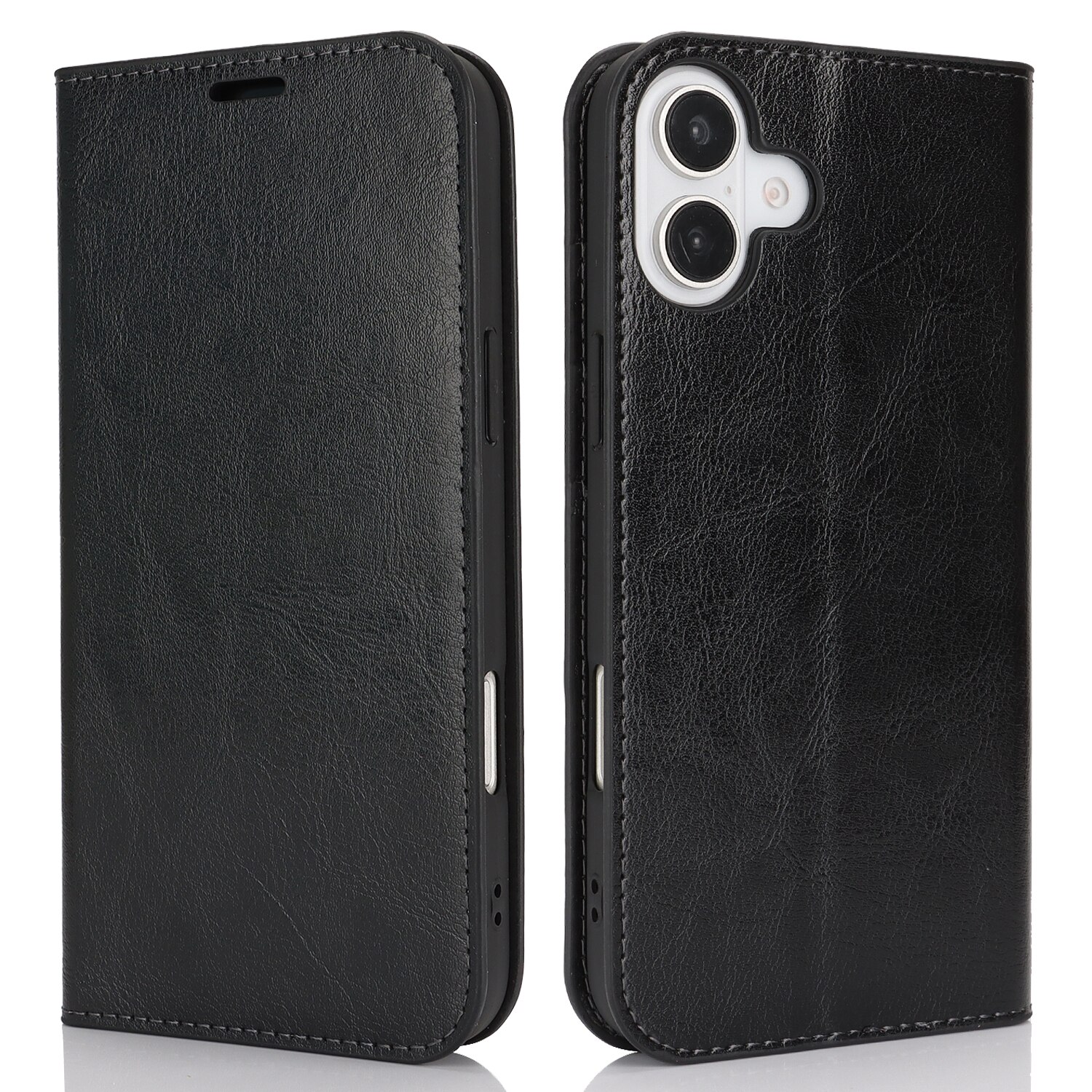 Coque portefeuille en cuir Veritable iPhone 16 Plus, Noir