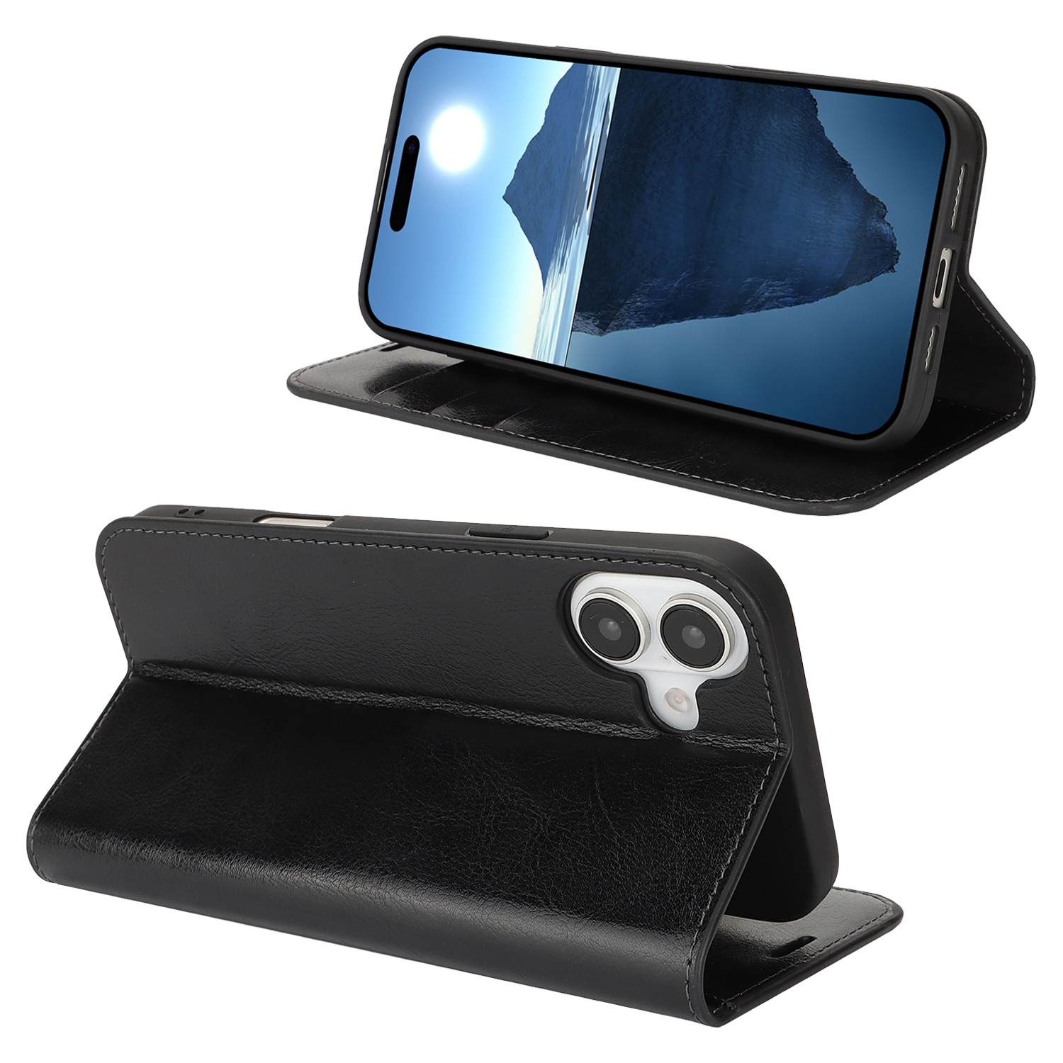 Coque portefeuille en cuir Veritable iPhone 16 Plus, Noir