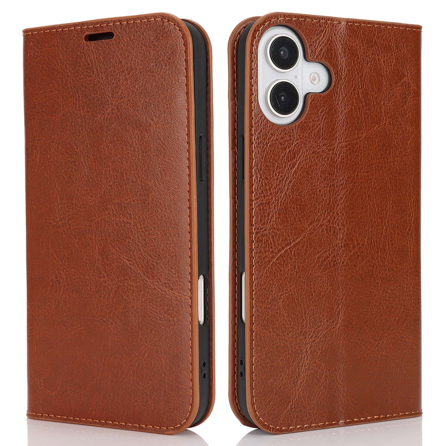 Coque portefeuille en cuir Veritable iPhone 16, Marron