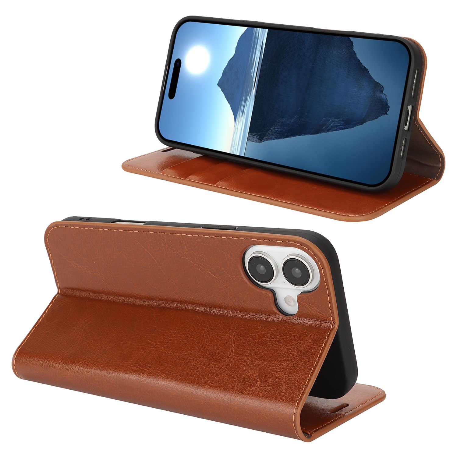 Coque portefeuille en cuir Veritable iPhone 16, Marron