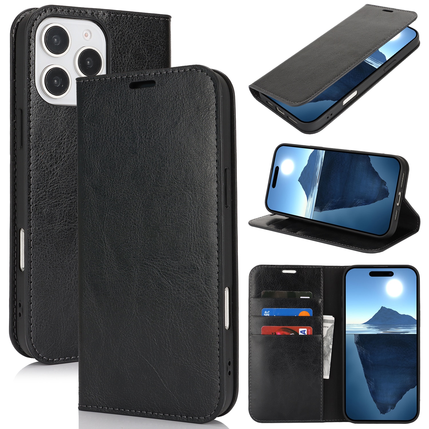 Coque portefeuille en cuir Veritable iPhone 16 Pro, Noir