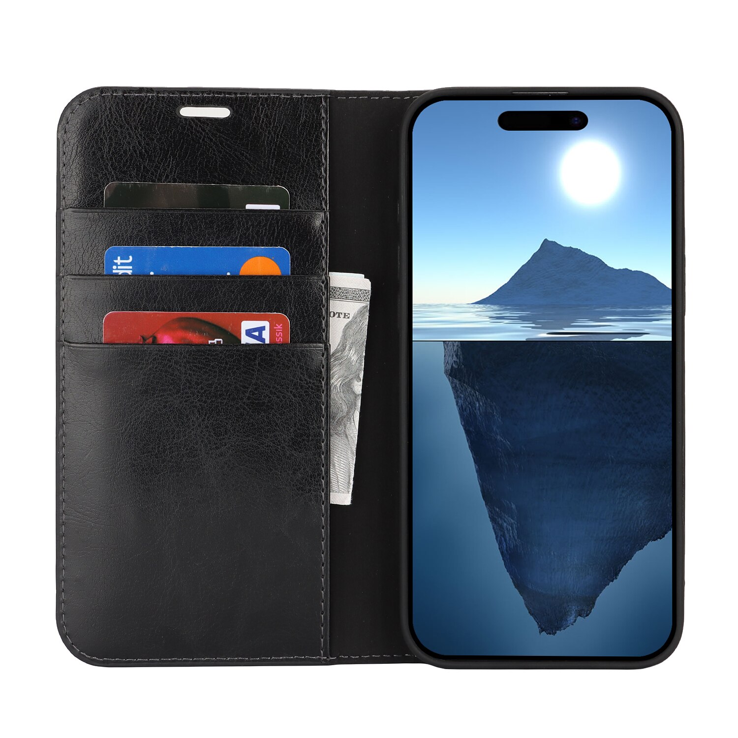 Coque portefeuille en cuir Veritable iPhone 16 Pro, Noir