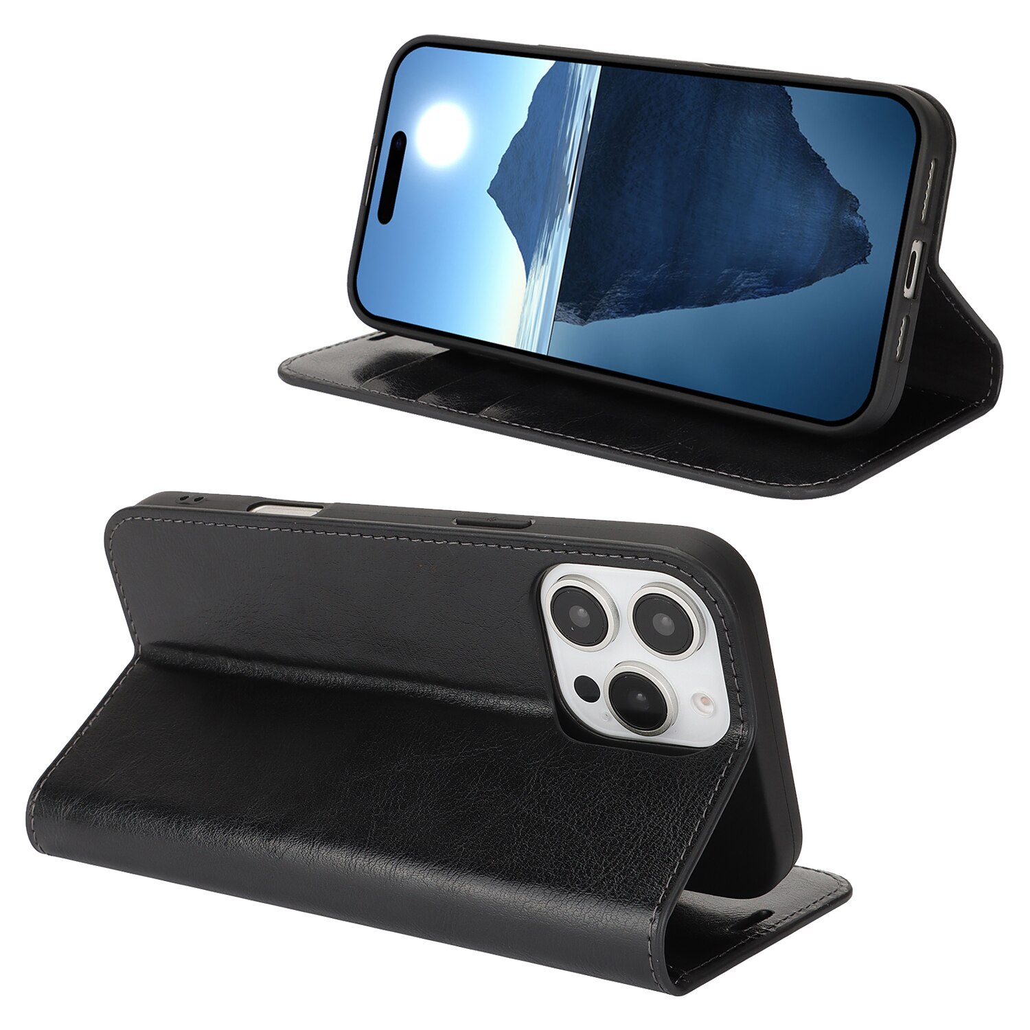 Coque portefeuille en cuir Veritable iPhone 16 Pro, Noir