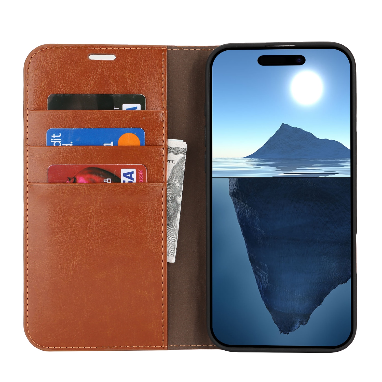 Coque portefeuille en cuir Veritable iPhone 16 Pro, Marron