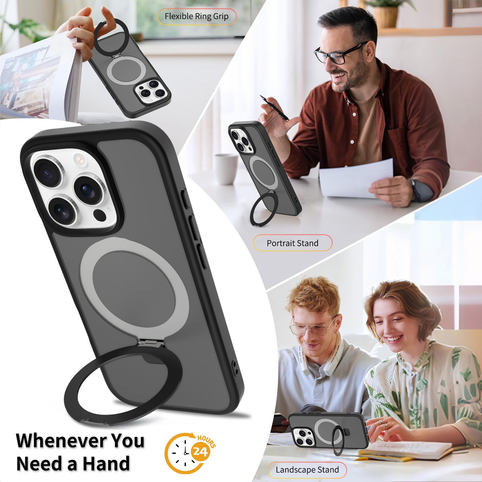 Coque hybride Magnetic Ring iPhone 16 Pro, Noir