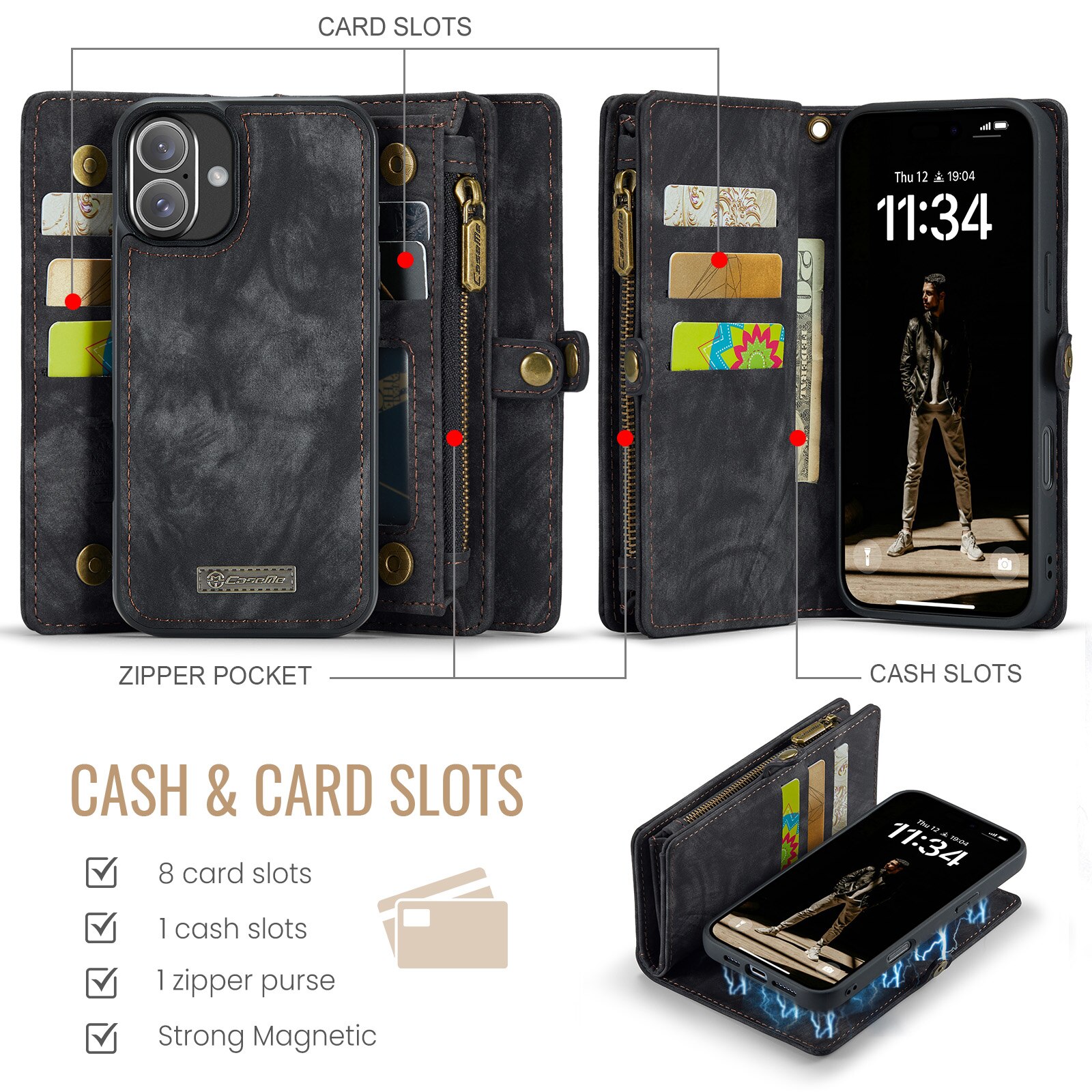 Étui portefeuille multi-cartes iPhone 16, Gris