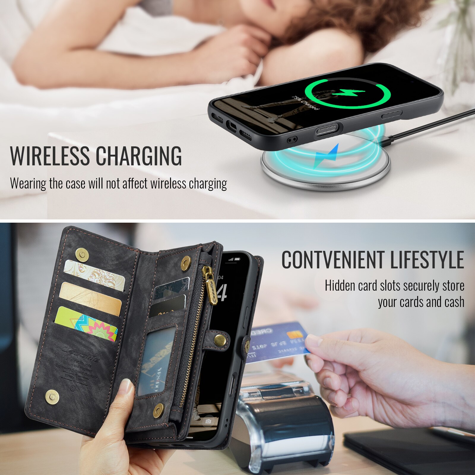 Étui portefeuille multi-cartes iPhone 16, Gris