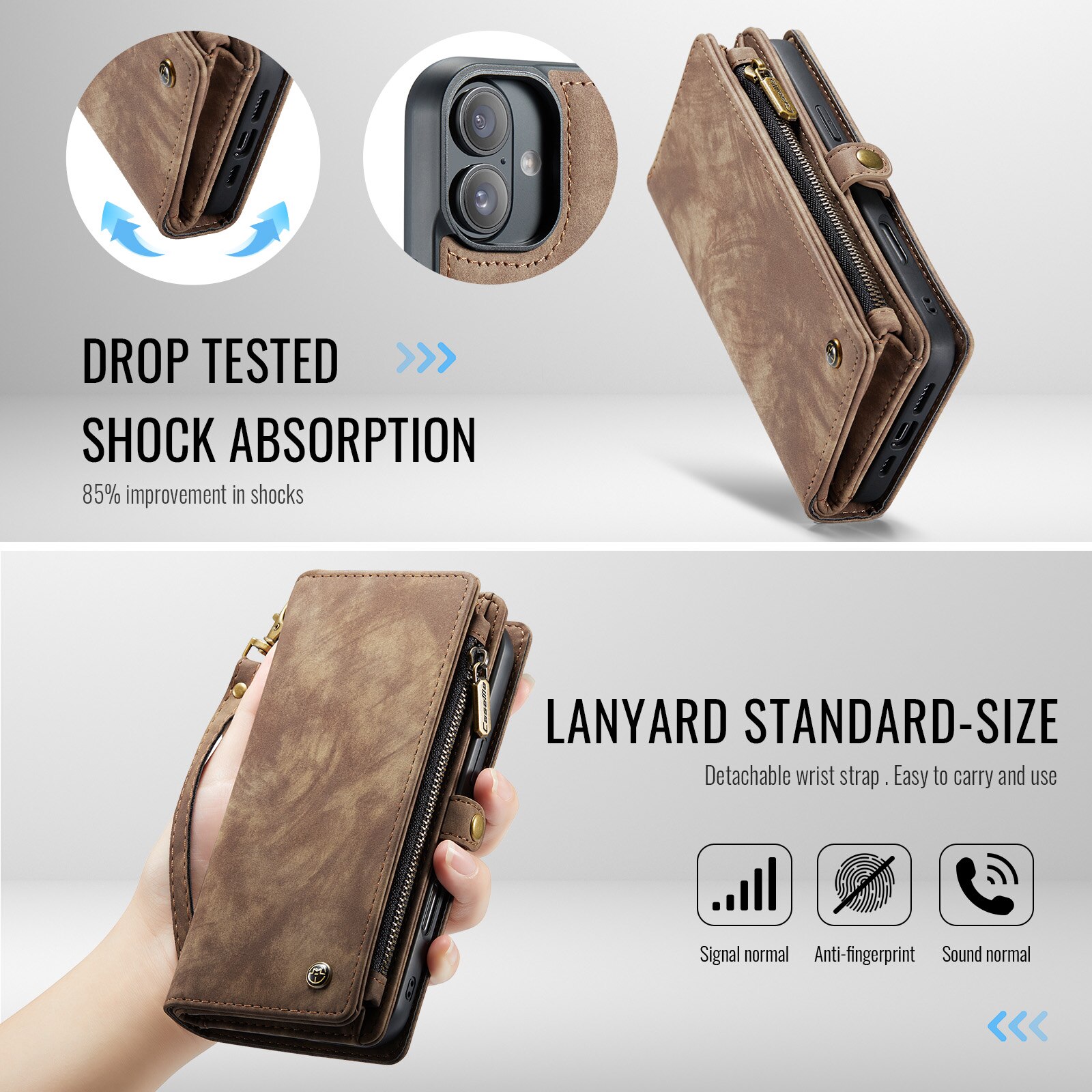 Étui portefeuille multi-cartes iPhone 16, Marron