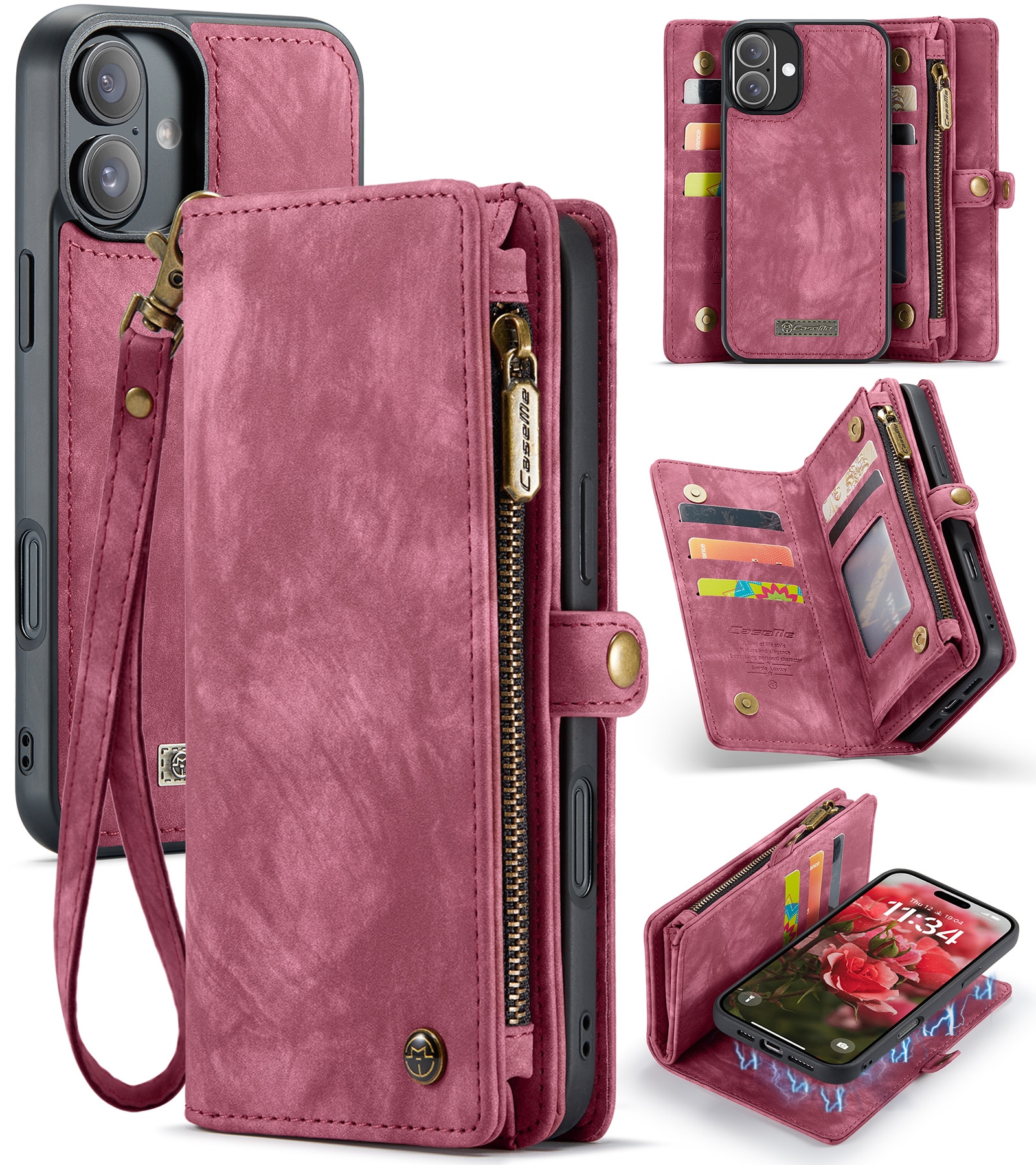 Étui portefeuille multi-cartes iPhone 16, Rouge