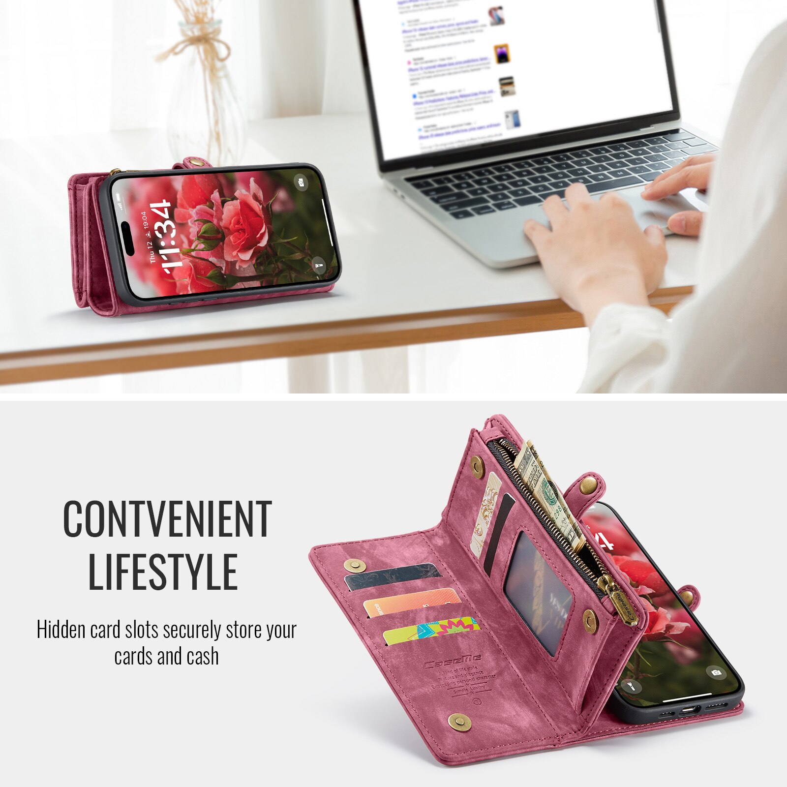 Étui portefeuille multi-cartes iPhone 16, Rouge