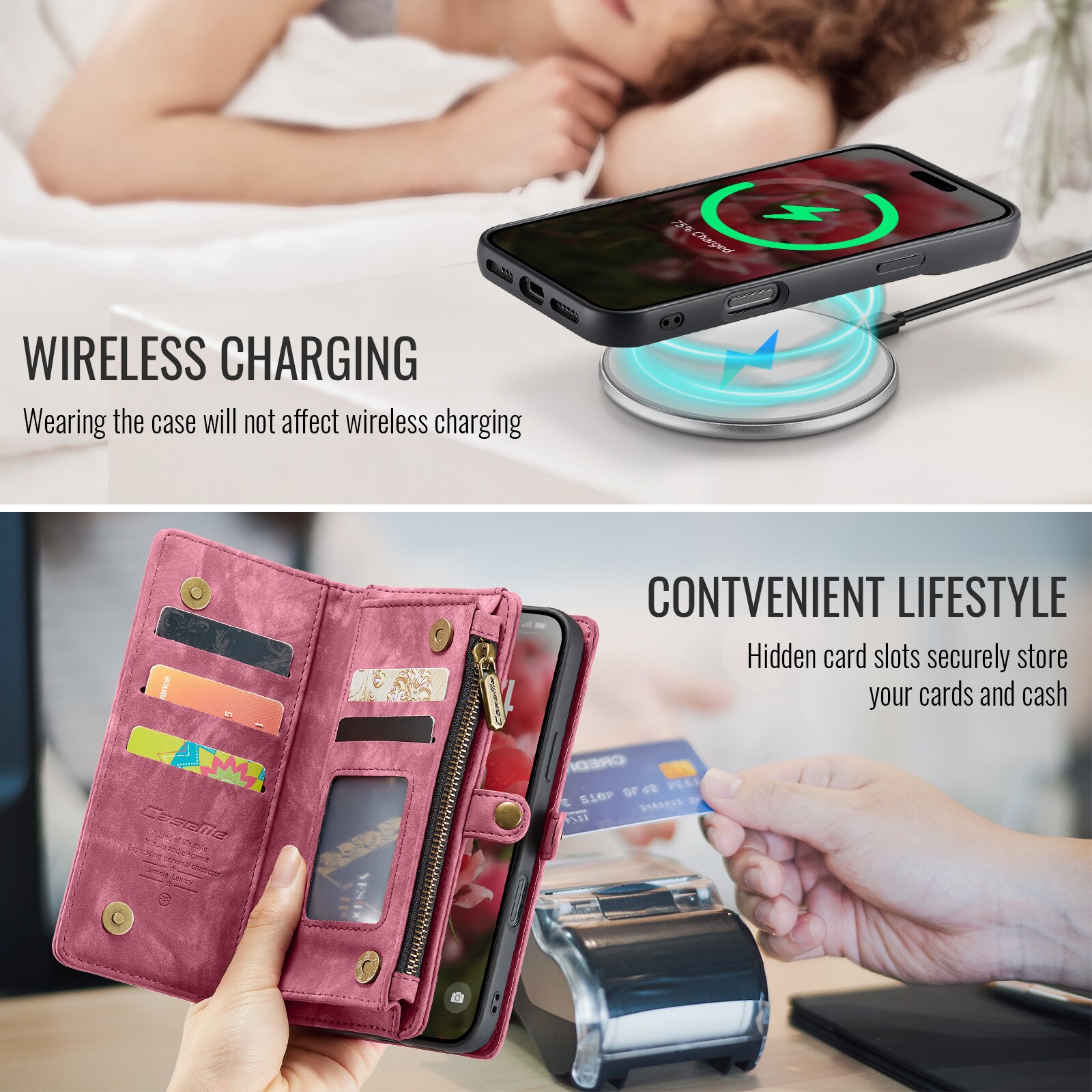 Étui portefeuille multi-cartes iPhone 16, Rouge