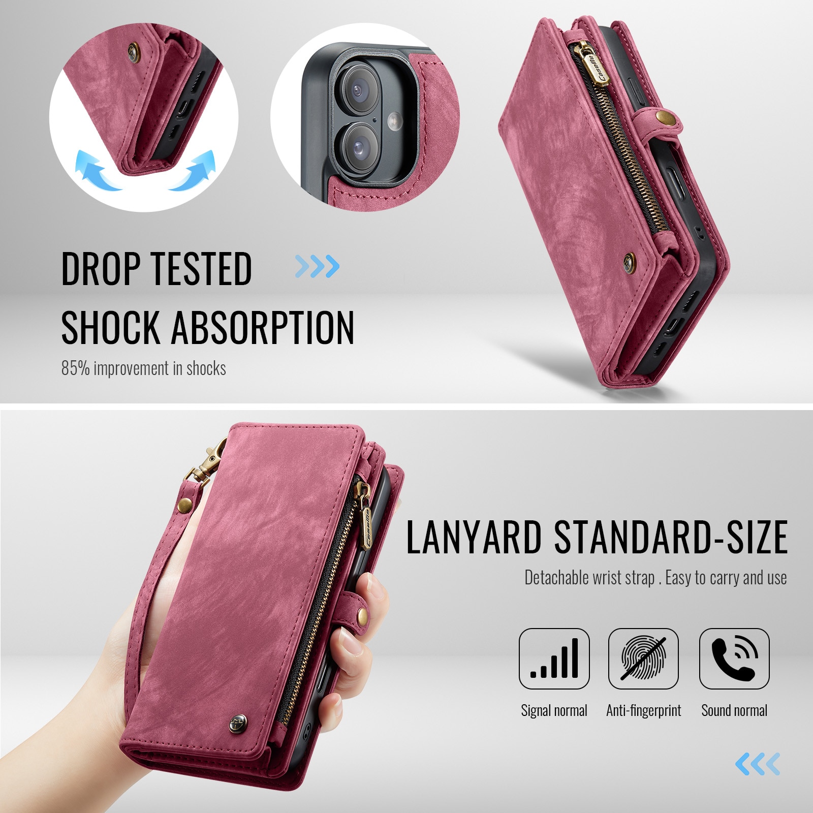 Étui portefeuille multi-cartes iPhone 16, Rouge