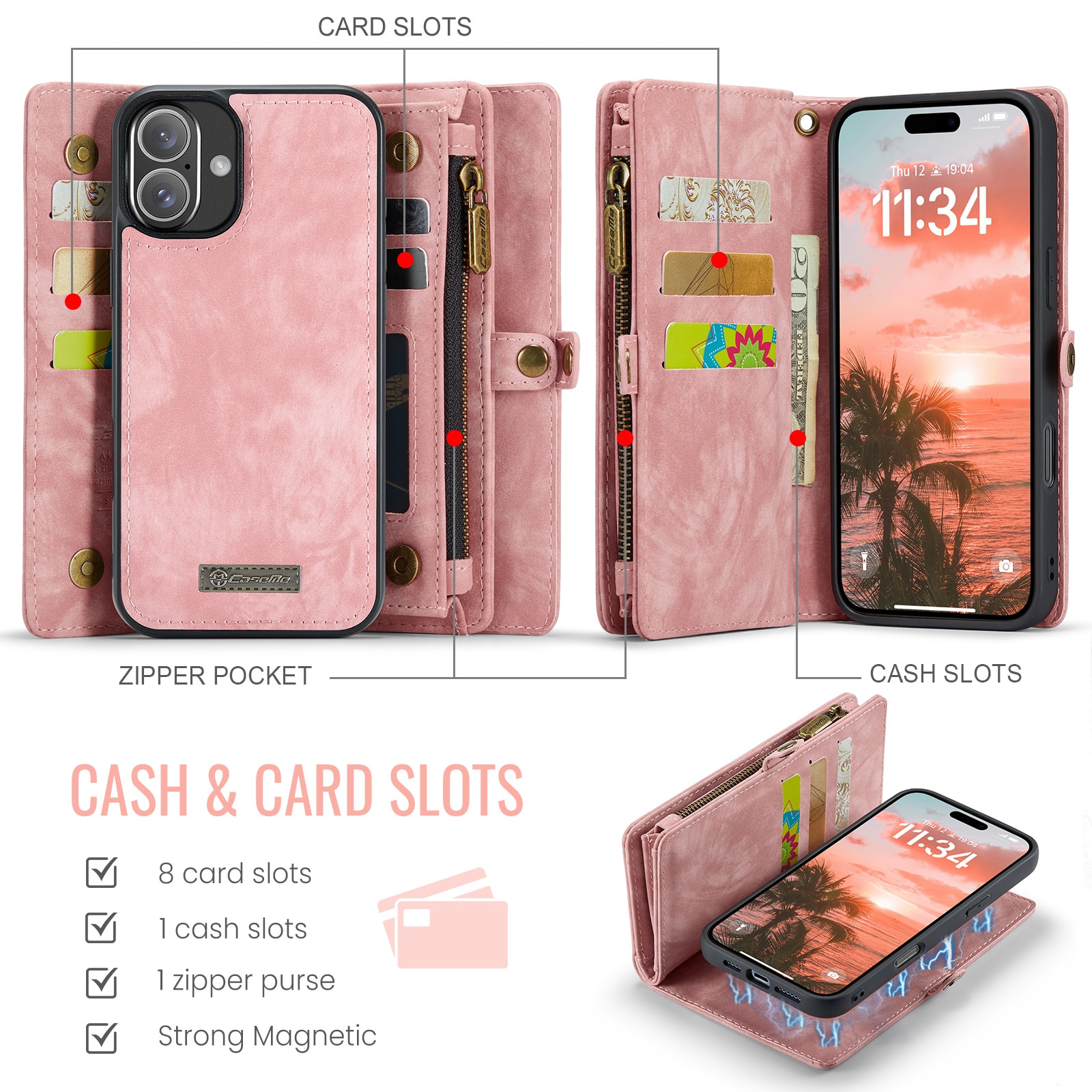 Étui portefeuille multi-cartes iPhone 16, Rose
