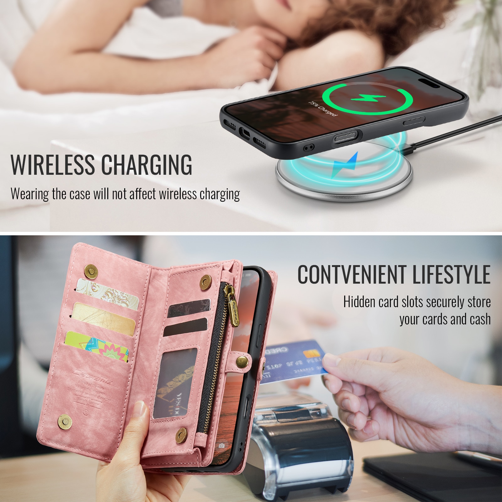 Étui portefeuille multi-cartes iPhone 16, Rose