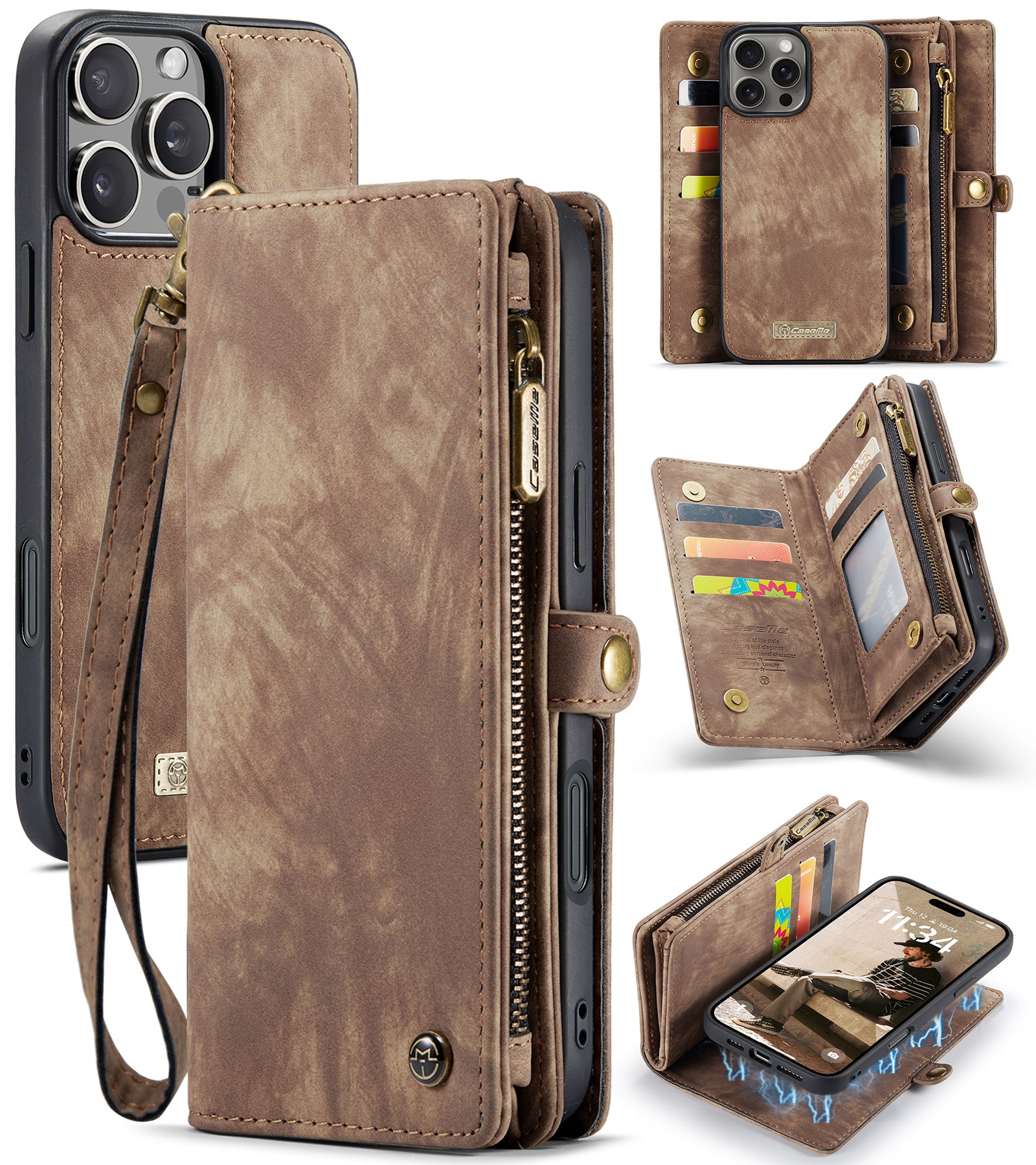 Étui portefeuille multi-cartes iPhone 16 Pro, Marron