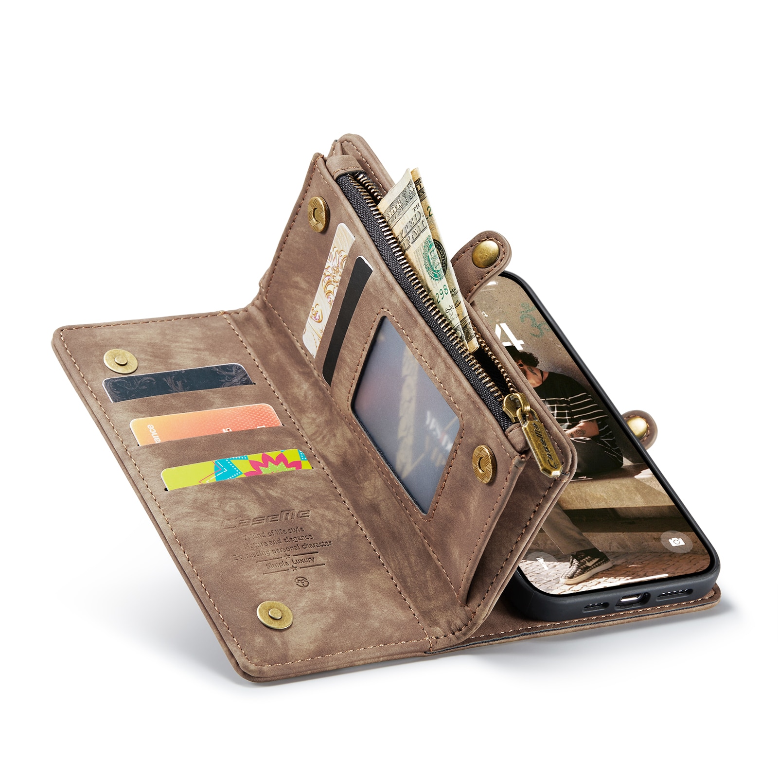 Étui portefeuille multi-cartes iPhone 16 Pro, Marron