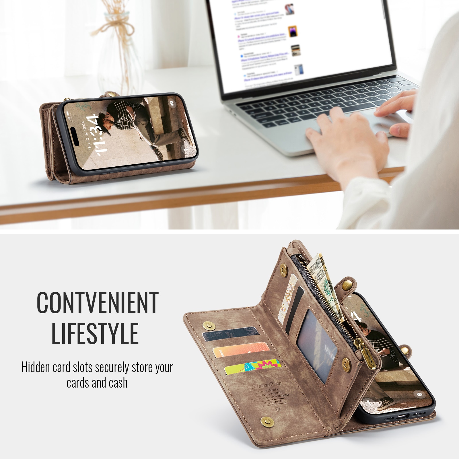 Étui portefeuille multi-cartes iPhone 16 Pro, Marron