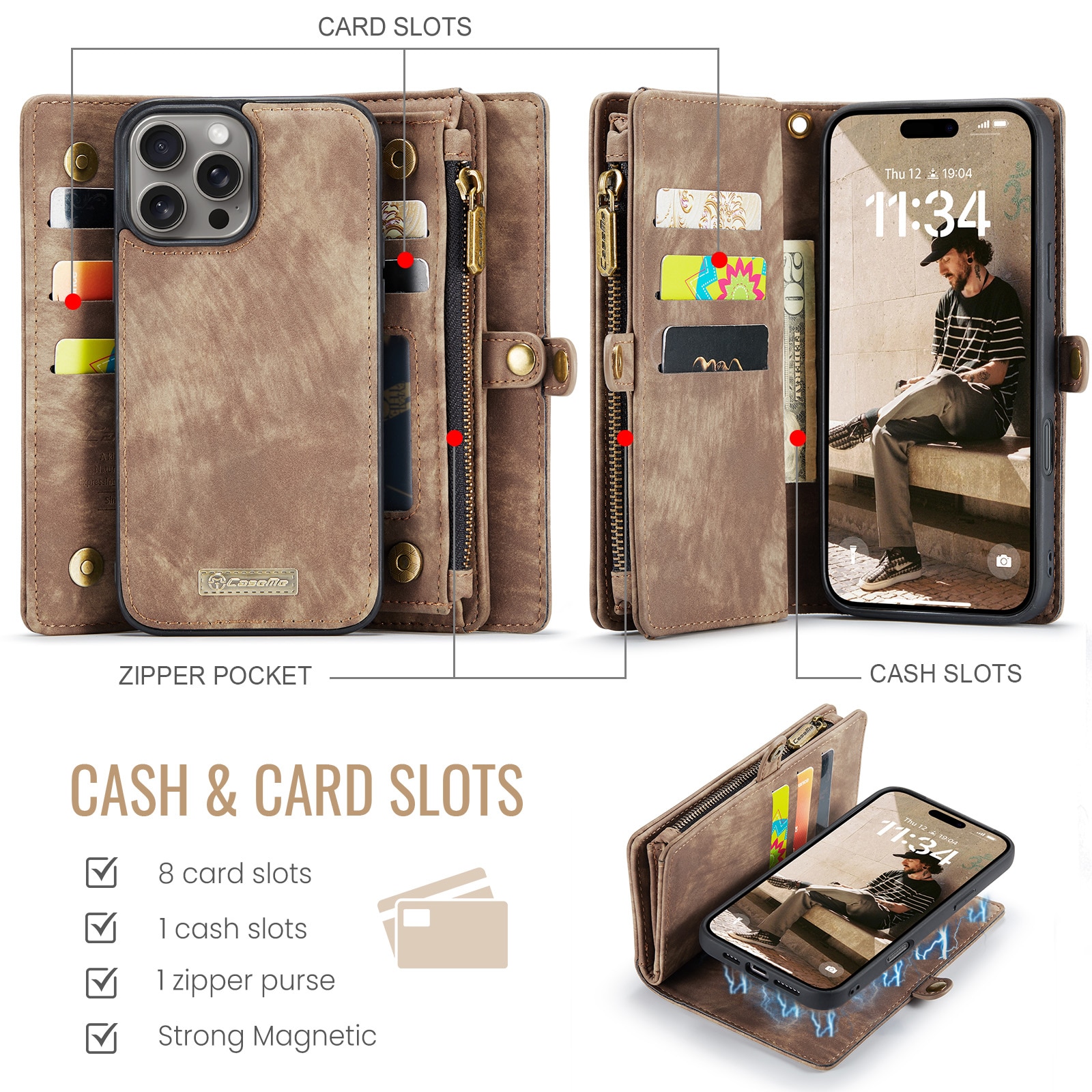 Étui portefeuille multi-cartes iPhone 16 Pro, Marron
