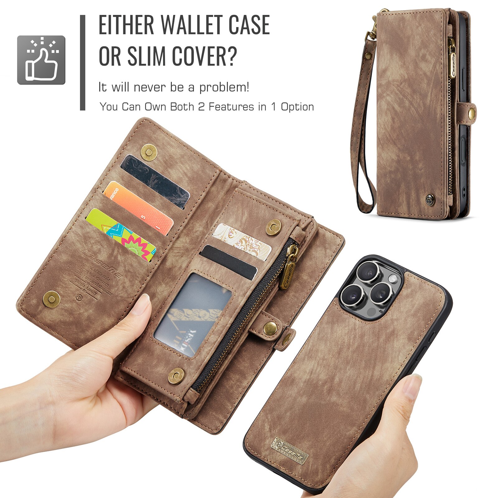 Étui portefeuille multi-cartes iPhone 16 Pro, Marron