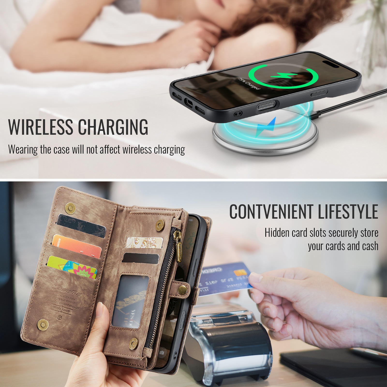 Étui portefeuille multi-cartes iPhone 16 Pro, Marron