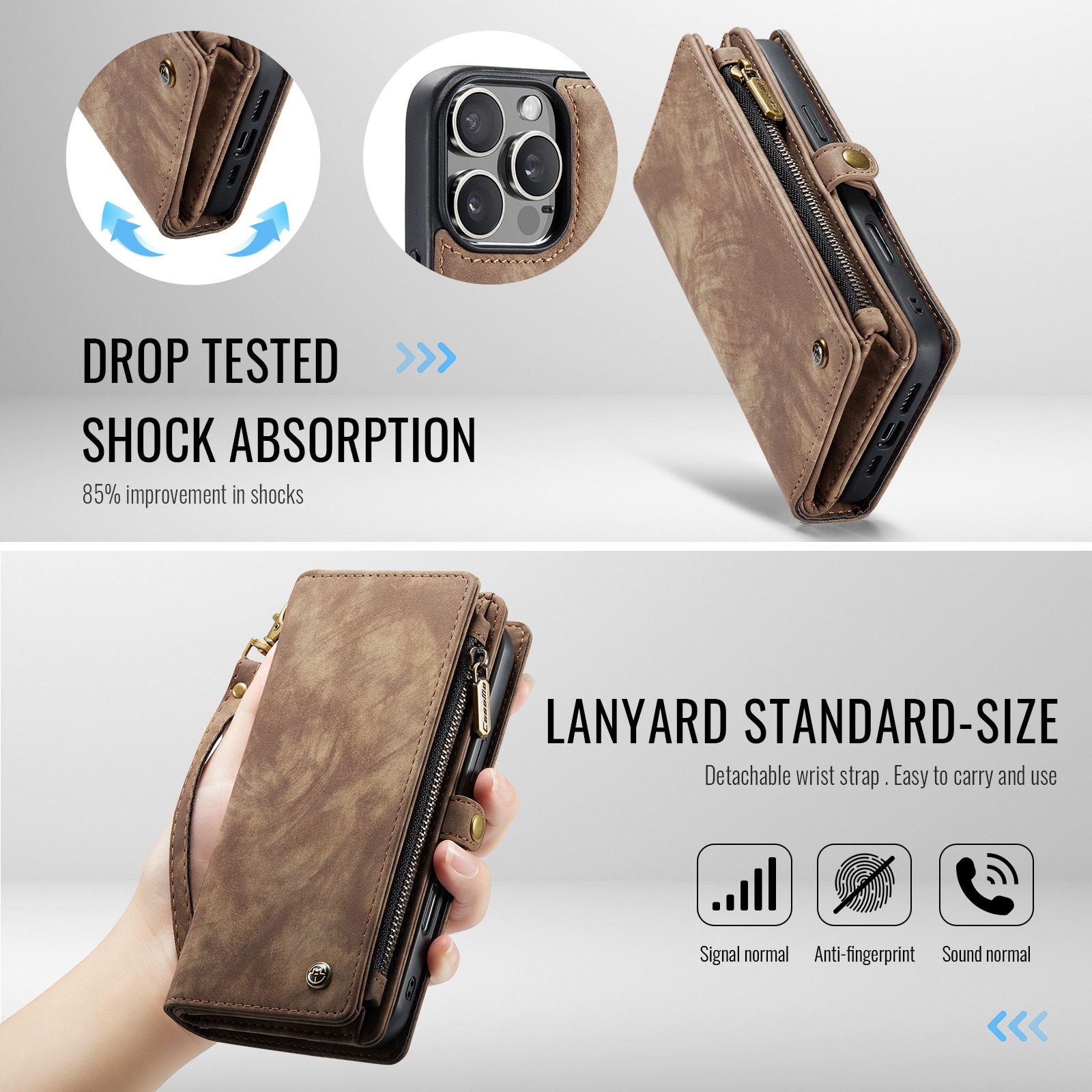 Étui portefeuille multi-cartes iPhone 16 Pro, Marron