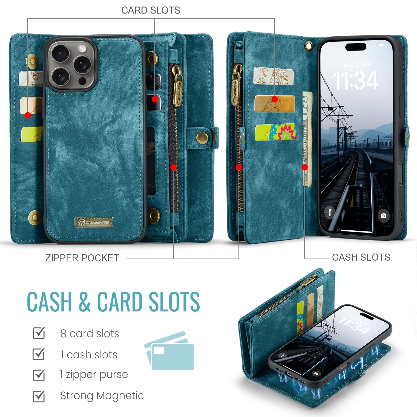 Étui portefeuille multi-cartes iPhone 16 Pro, Bleu