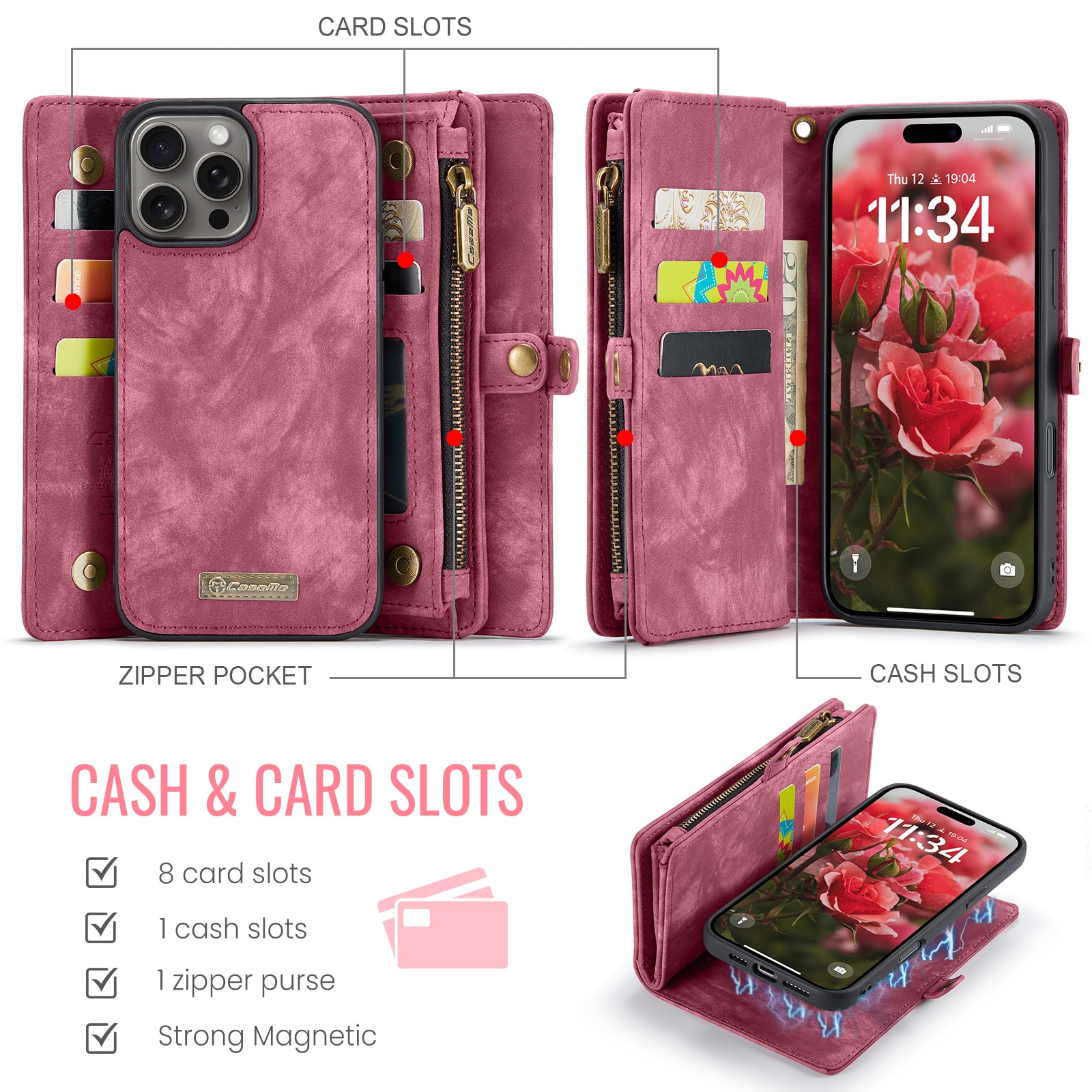 Étui portefeuille multi-cartes iPhone 16 Pro Max, Rouge