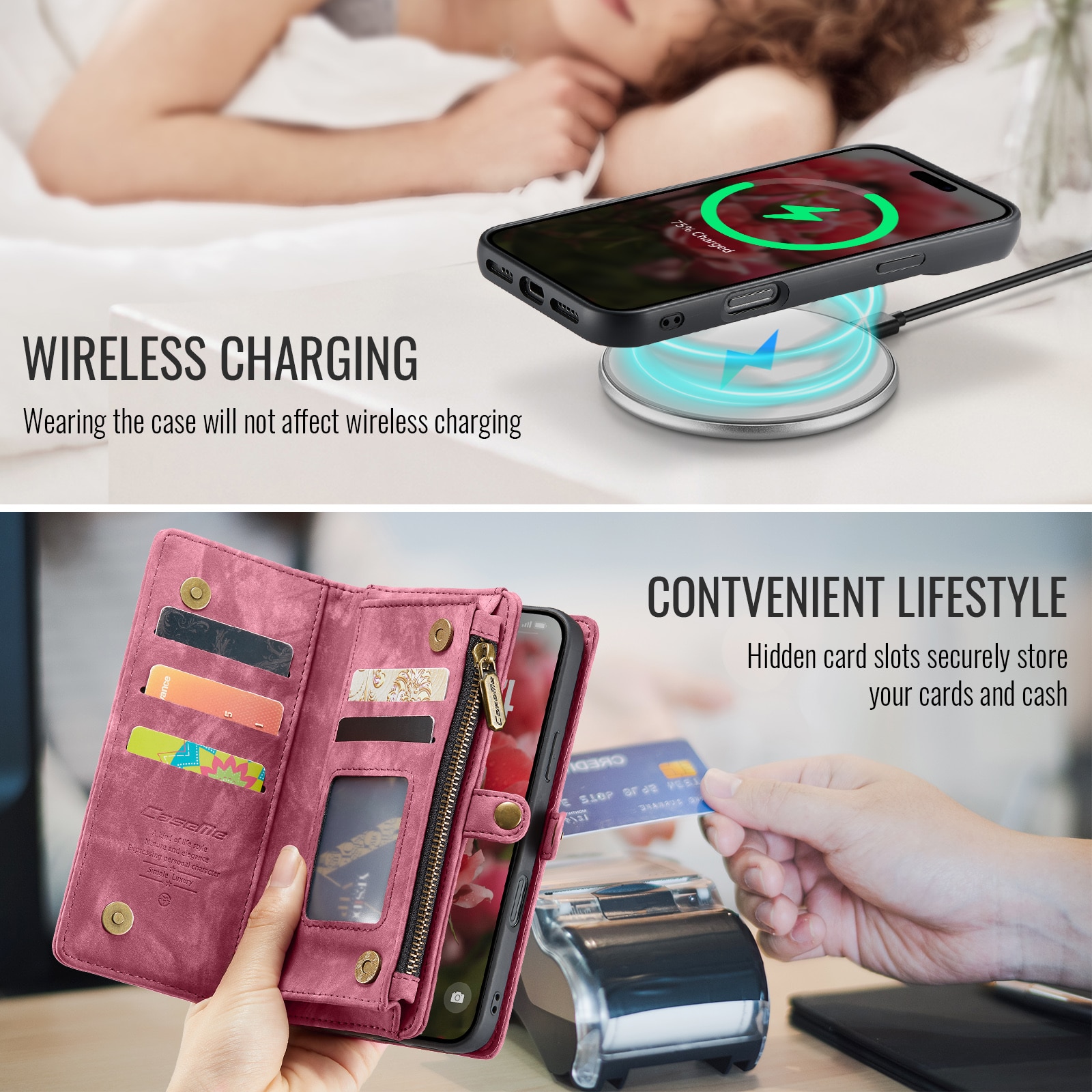 Étui portefeuille multi-cartes iPhone 16 Pro Max, Rouge