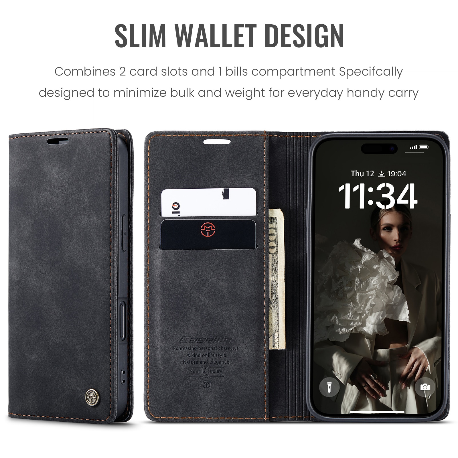 Étui portefeuille mince iPhone 16 Pro, Noir